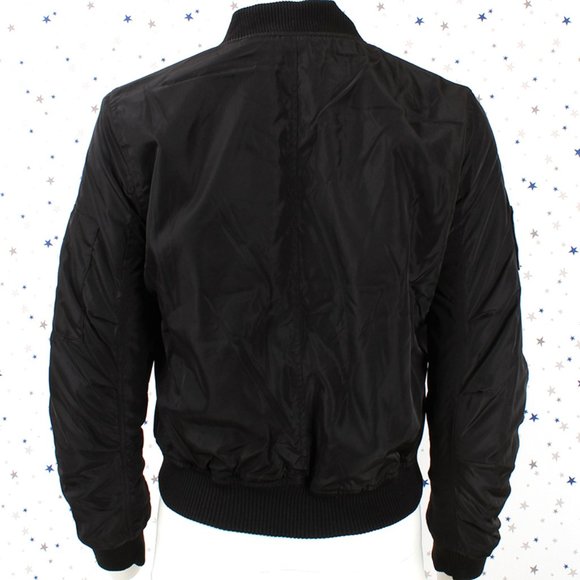 Fur Lined Short Bomber Jacket Patches Black - Picture 11 of 12